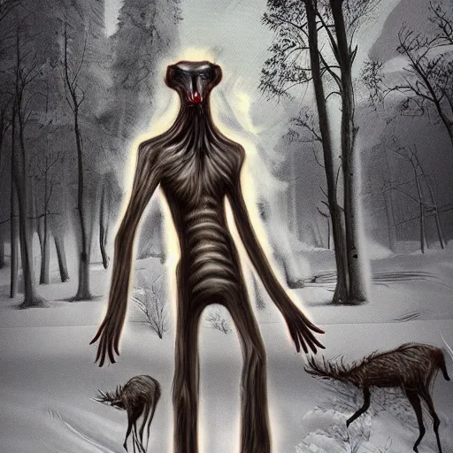 Image similar to horrifying digital art of a blood soaked skinwalker, lanky, skinny, pale skin, snow, forest, dark, horrifying