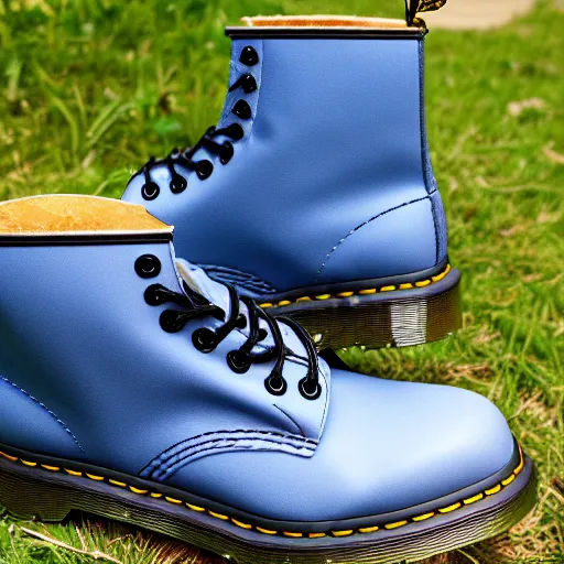 Image similar to a battered old pair of Dr martens boots, boots are blue, laces are multicoloured