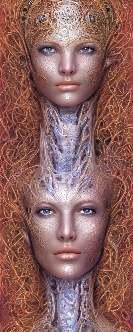 Prompt: a robotic goddess with transparent skin, highly detailed, digital painting, smooth, sharp, beautiful face, expressive eyes, highly intricate, art by Boris Vallejo and alex gray