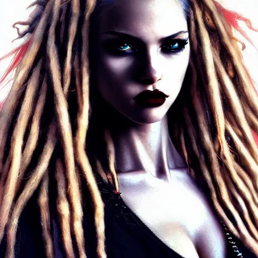 Image similar to photography flawless beautiful female instagram model with blonde and red dreadlocks in a black ballgown, dark, piercing eyes, exotic expression, esoteric clothing, photorealistic, highly detailed, mysterious lighting, artstation, smooth, sharp focus, art by artgerm, greg rutkowski and luis royo