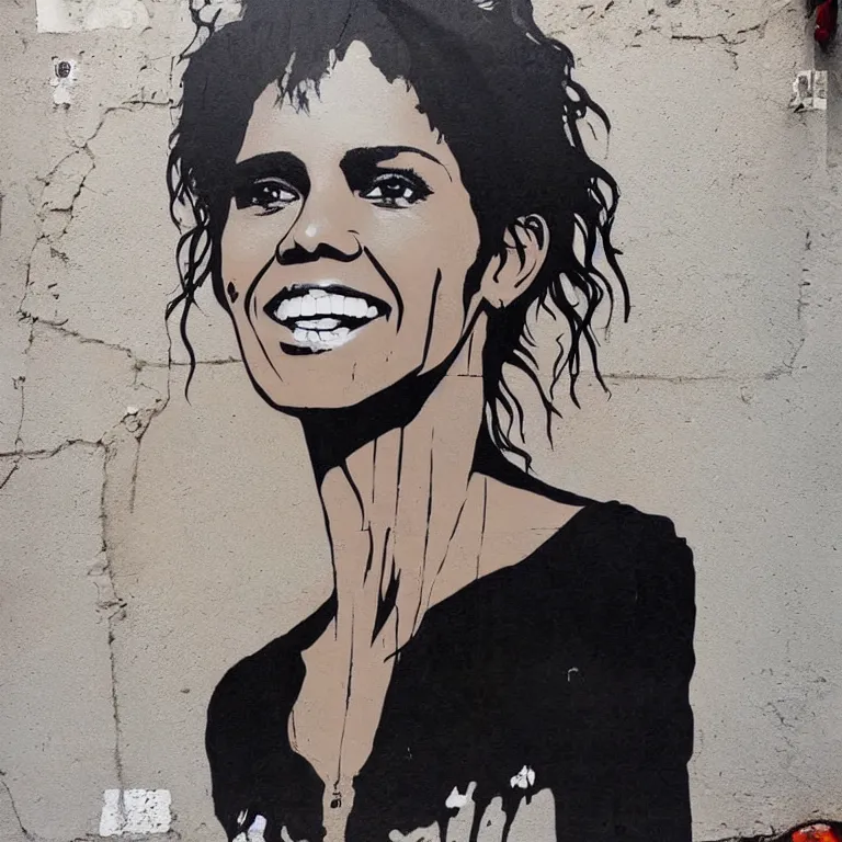 Prompt: Street-art portrait of Halle Maria Berry in style of Banksy, photorealism