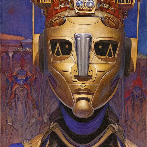 Prompt: the masked robot queen wearing the plasma crown, by Annie Swynnerton and Diego Rivera and Elihu Vedder, symbolist, dramatic lighting, elaborate geometric ornament, Art Brut, soft cool colors,smooth, sharp focus, extremely detailed, Adolf Wölfli and Donato Giancola