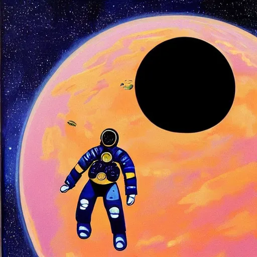 Prompt: A beautiful painting of a man in a spacesuit floating in a zero-gravity environment, with a planet in the background. sapphire, Greek, drawn in MS paint by Hirohiko Araki