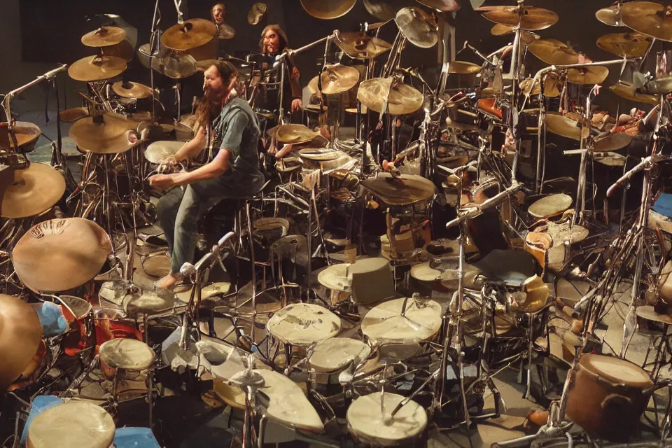 Prompt: a claymation film still of a curly long hair drummer playing the drum set in a big arena stage with a crowd of fans. claymation by bruce bickford