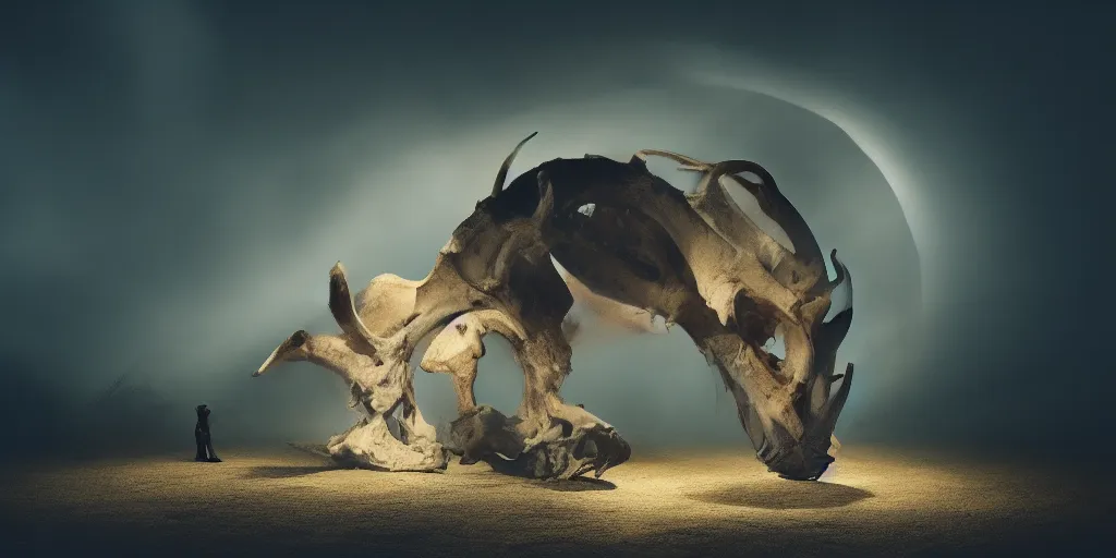 Image similar to A colossal goat skull, dramatic lighting, artistic, beeple