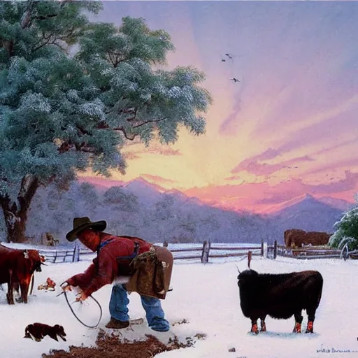 Image similar to an extremely detailed matte painting of a rancher feeding the animals at sunrise, tall rancher wearing a cowboy hat, dogs, cows, sheep, chickens, ducks, 4 k, ranch the morning after a light snowfall, by bob ross and norman rockwell