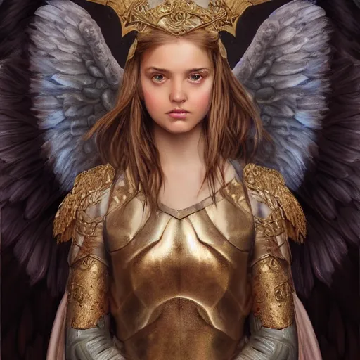 Prompt: portrait of young aasimar angel girl maiden wearing comfy leather armor with beautiful feathered angel wings, cute face, brown eyes, Alison Williams, Blizzard, Diablo, by artgerm and greg rutkowski and alphonse mucha and andrei riabovitchev, 4k oil on linen, vivid colors, colorful, high dynamic range, HDR, intricate, elegant, highly detailed, digital painting, artstation, concept art, smooth, sharp focus, illustration