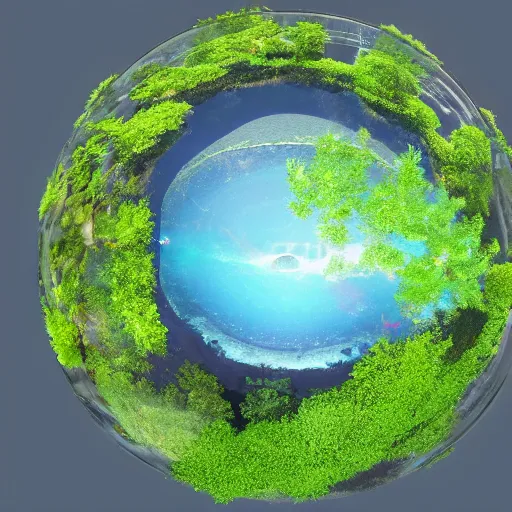 Image similar to spherical planetary view of a clear water planet with green plants grown throughout and floating on top, realistic, high detail, 4 k, clear water, lily pad, planet, water planet, profile picture, nostalgic