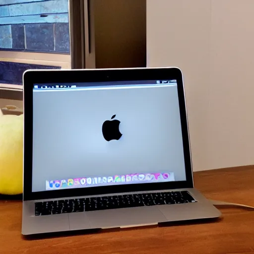 Prompt: still life of a macbook air with a glass of wine