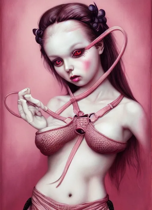 Image similar to pop surrealism, lowbrow art, realistic seductive cute woman painting, pink body harness, japanese shibari, hyper realism, muted colours, rococo, natalie shau, loreta lux, tom bagshaw, mark ryden, trevor brown style,