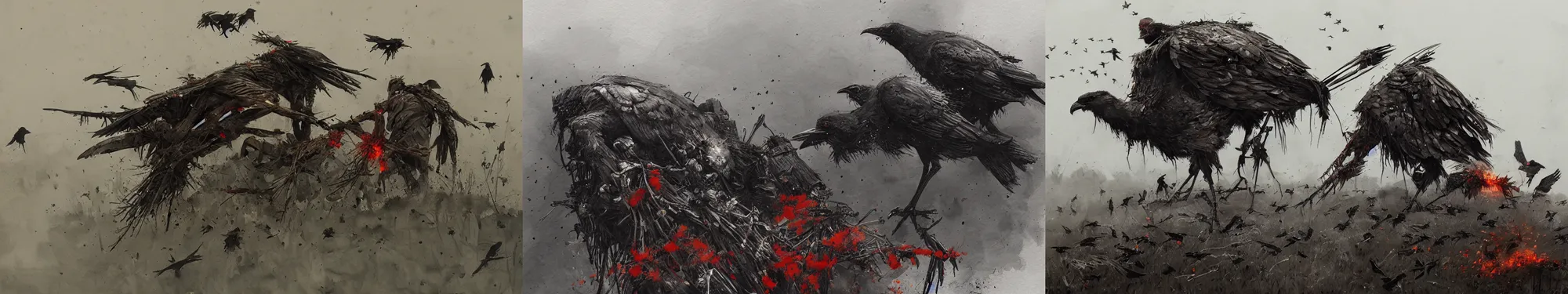 Prompt: close up of a dead soldier with crows feasting on corpse, papyrus, watercolored, jakub rozalski, dark colours, dieselpunk, artstation