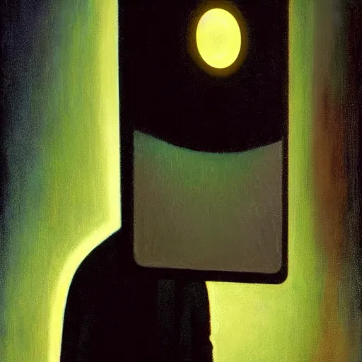 Image similar to a mesmerized robot with large glowing eyes staring at a control panel, portrait, pj crook, grant wood, edward hopper, syd mead, chiaroscuro, oil on canvas