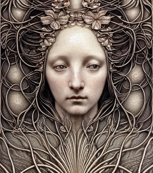 Prompt: detailed realistic beautiful botanical goddess face portrait by jean delville, gustave dore, iris van herpen and marco mazzoni, art forms of nature by ernst haeckel, art nouveau, symbolist, visionary, gothic, neo - gothic, pre - raphaelite, fractal lace, intricate alien botanicals, ai biodiversity, surreality, hyperdetailed ultrasharp octane render