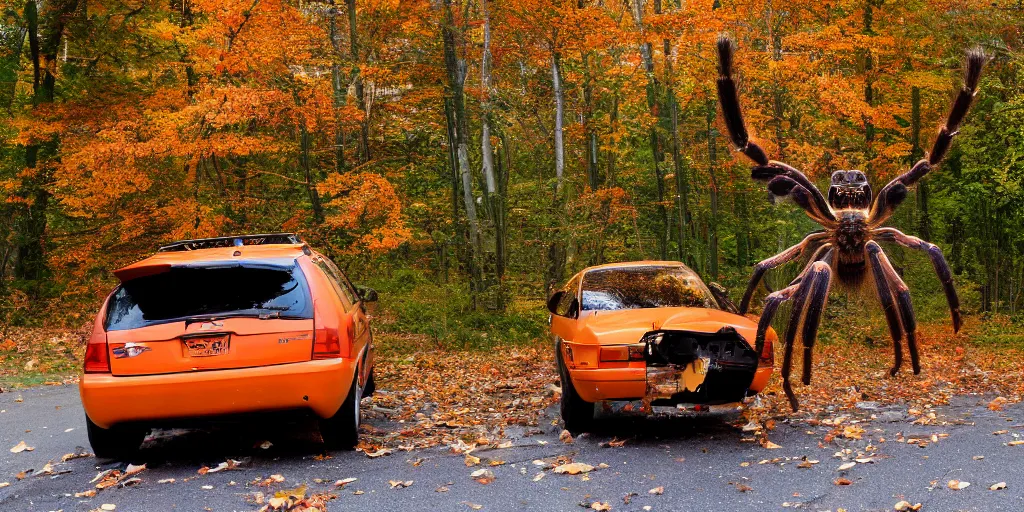 Prompt: A photo of a giant tarantula waits behind a car in autumn pennsylvania