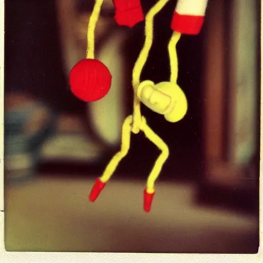 Image similar to 1 9 5 0 s children toys on strings leaping towards you, scary, fear, horror, thriller, jump scare, pov, polaroid,