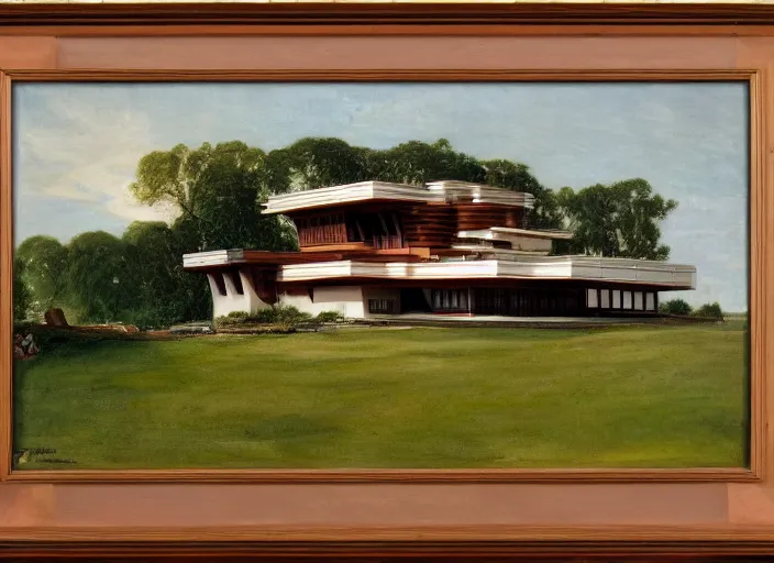 Image similar to painting of a frank lloyd wright house in cape cod by thomas cole