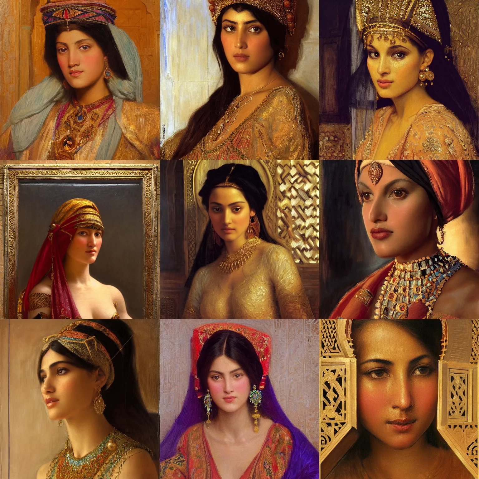 Prompt: orientalism face detail of a beautiful moroccan princess in a palace by edwin longsden long and theodore ralli and nasreddine dinet and adam styka, masterful intricate art. oil on canvas, excellent lighting, high detail 8 k