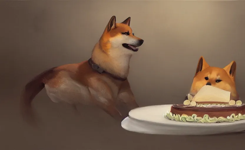 Image similar to a painting of a shiba and a birthday cake trending on artstation in the style of greg rutkowski