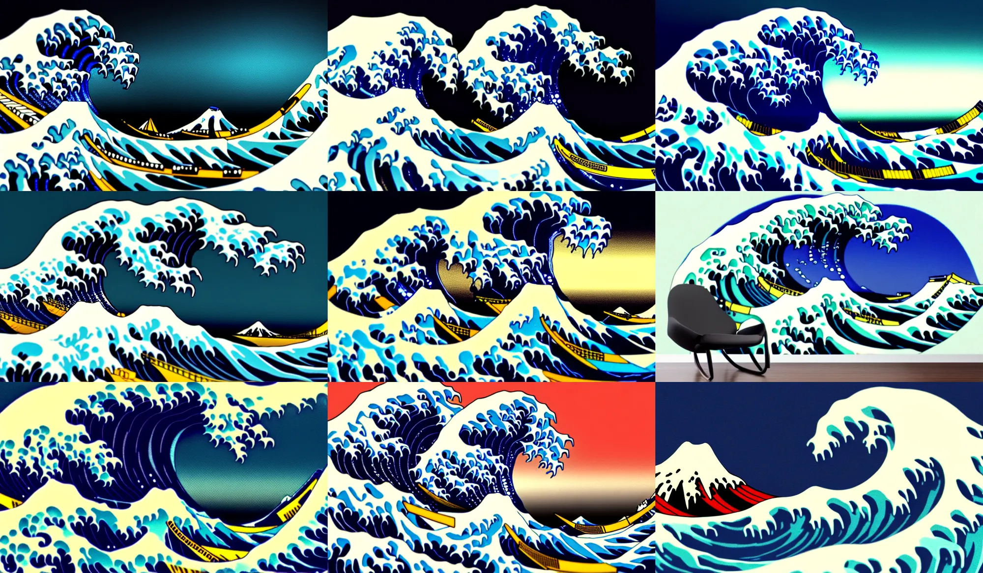 Prompt: a cyberpunk styled great wave coming towards you, realistic 3 d wave, kanagawa, polaroid, minimalistic wallpaper