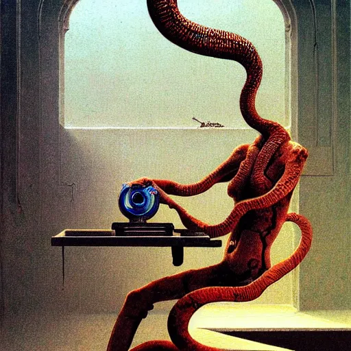 Image similar to by Beksinski , cyborg sitting Infront, snake getting into gramophone, high quality image, denoise