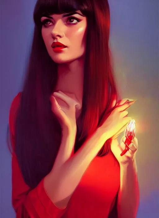 Image similar to portrait of veronica lodge with bangs, 1 9 6 0 s, long hair, red clothes, bangs, intricate, elegant, glowing lights, highly detailed, digital painting, artstation, concept art, smooth, sharp focus, illustration, art by wlop, mars ravelo and greg rutkowski