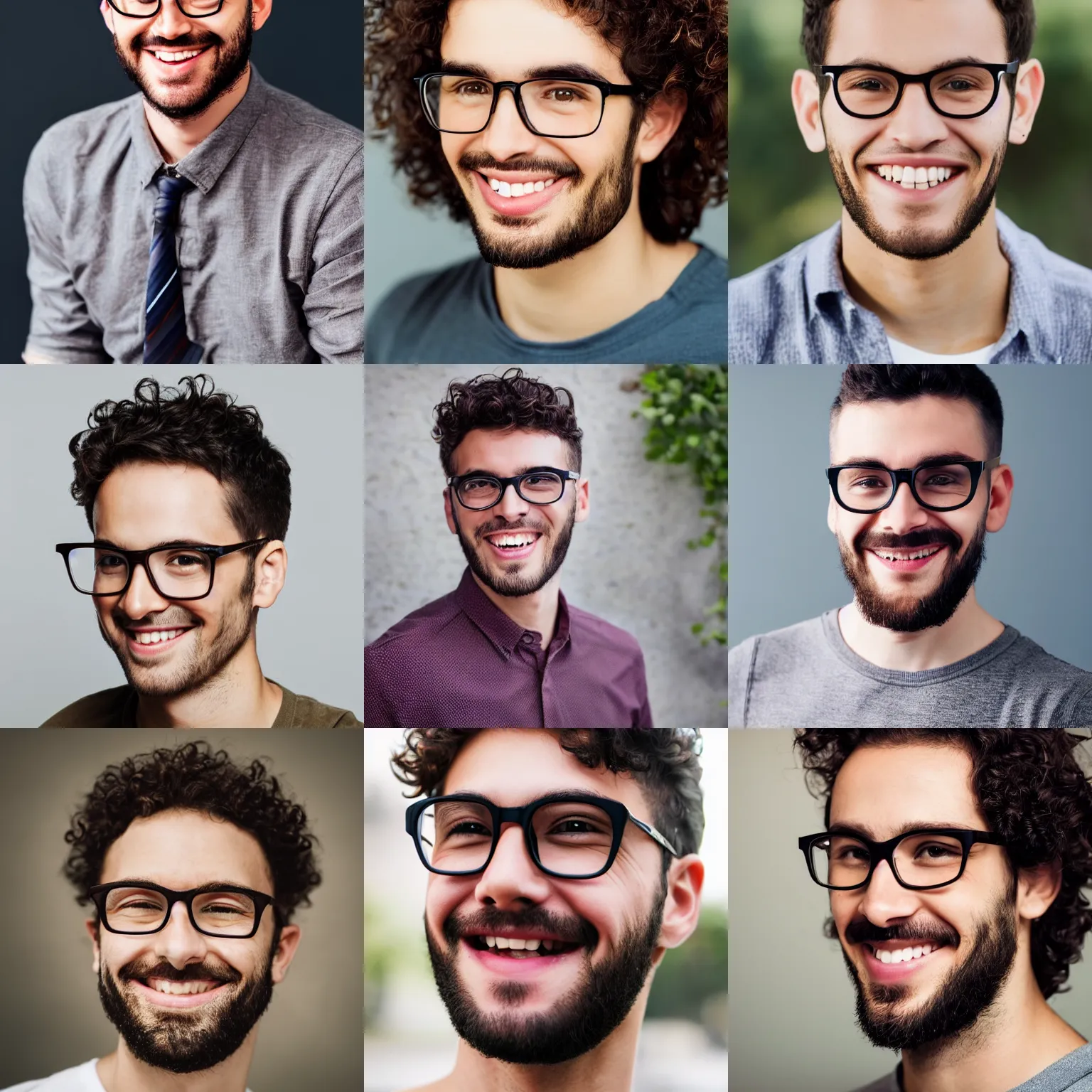 Prompt: close up photo young smiling male with glasses, short curly brown hair and slight beard