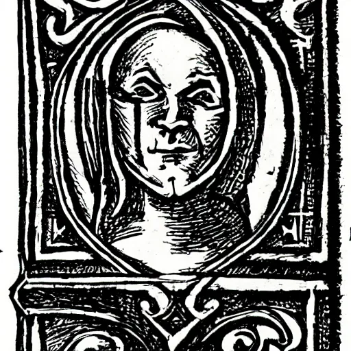 Image similar to medieval character ex libris in medieval style, ink outline on white paper, exlibris, rubber stamp