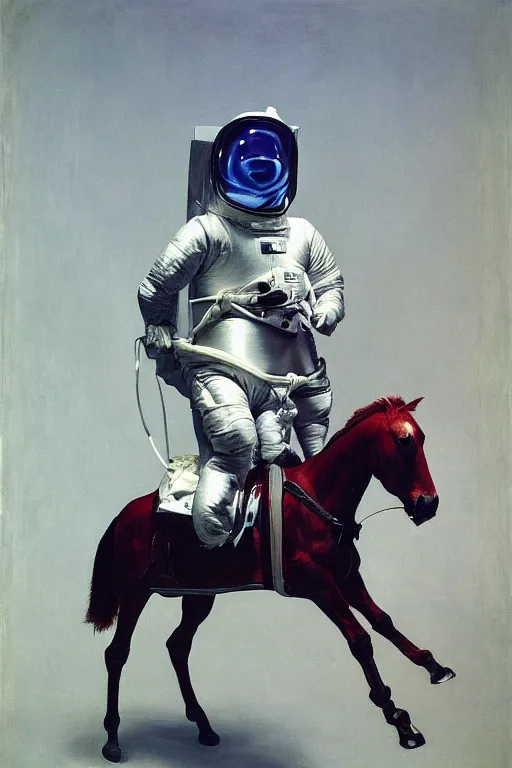 Prompt: a man dressed as a horse riding a horse dressed as an astronaut, hauntingly surreal, highly detailed painting by francis bacon, edward hopper, adrian ghenie, gerhard richter, and james jean soft light 4 k,