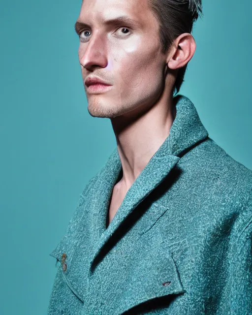 Image similar to an award - winning photo of a male model wearing a baggy teal distressed medieval menswear short coat by issey miyake, 4 k, studio lighting, wide angle lens