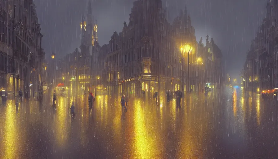 Image similar to brussels under rain, people with umbrella, evening, wet paved road, hyperdetailed, artstation, cgsociety, 8 k