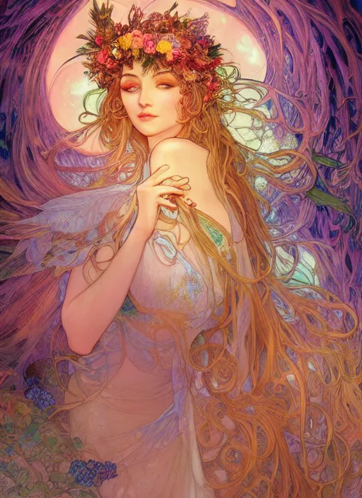 Image similar to Nature Goddess, ambient lighting, 4k, josephine wall, alphonse mucha, lois van baarle, ilya kuvshinov, rossdraws, artstation