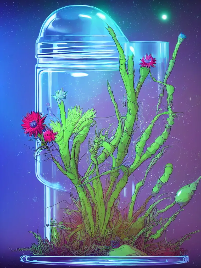 Image similar to concept art. illustration. sci - fi. multicolour strange weird plants and flowers from a different planet in a closed jar. plain background. high sci - fi. holographic, beautiful, ethereal