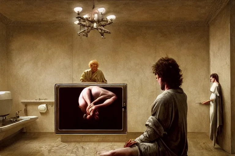 Image similar to hyperrealism aesthetic ridley scott and caravaggio and denis villeneuve style photography of a detailed giant, siting on a detailed ultra huge toilet and scrolling his smartphone in surreal scene from detailed art house movie in style of alejandro jodorowsky and wes anderson