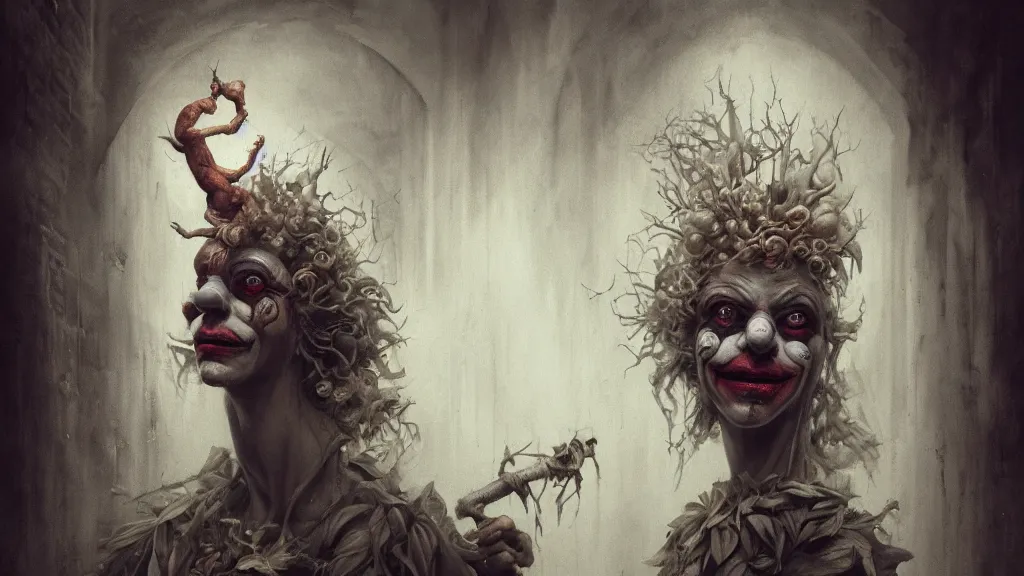 Image similar to a clown portrait in cloistered alleyway dreaming of a circus, in the style of peter mohrbacher by weta digital and beth cavener, high face symmetry, intricate, masterpiece, award winning, high face symmetry, intricate