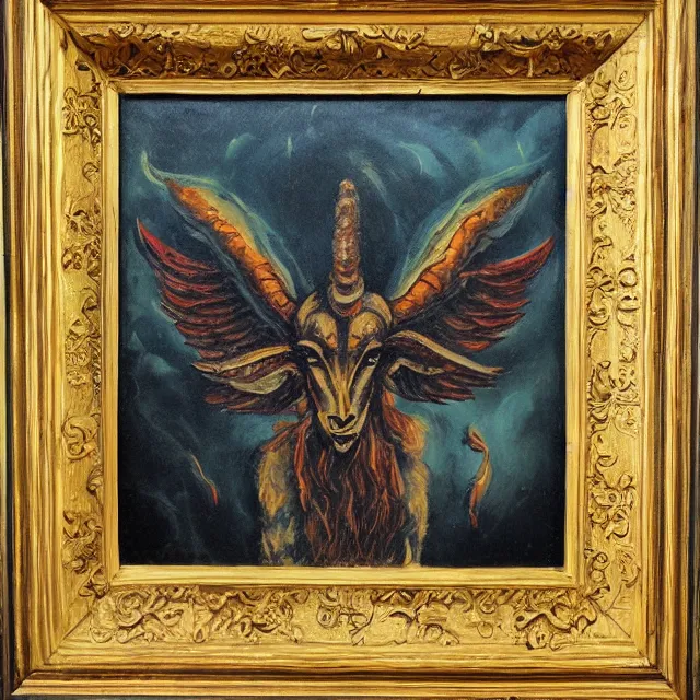 Image similar to baphomet, vintage, oil painting