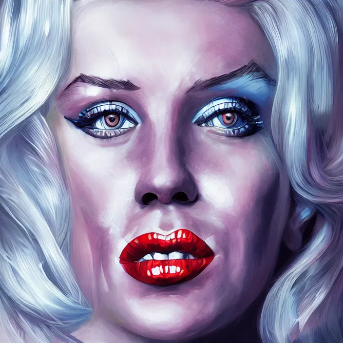 Image similar to portrait of Marilyn Monroe as a harley quinn. intricate abstract. intricate artwork. by Tooth Wu, wlop, beeple, dan mumford. octane render, trending on artstation, greg rutkowski very coherent symmetrical artwork. cinematic, hyper realism, high detail, octane render, 8k, iridescent accents