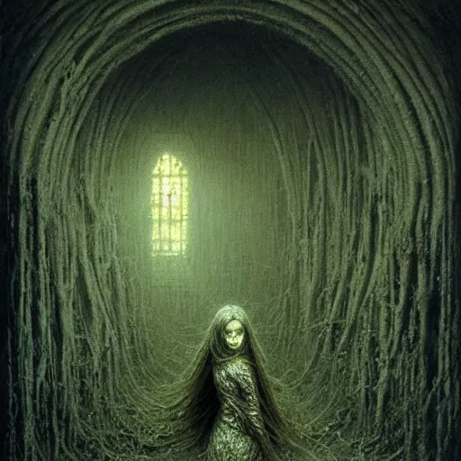 Image similar to alyson hannigan in necromancer crypt by beksinski