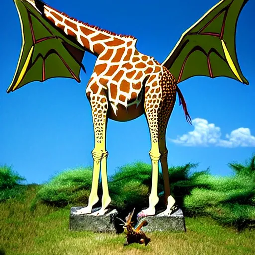 Image similar to giraffe with big blue feathered dragon wings on its back, full body shot, wings, by studio ghibli