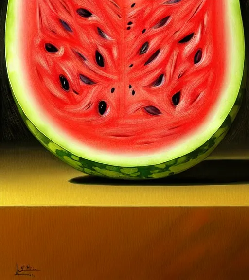 Image similar to portrait of a watermelon sitting upon a table with heightened detail, poised, intense emotion, detailed facial expression, detailed surroundings, intricate, elegant, highly detailed, centered, digital painting, artstation, concept art, smooth, sharp focus, illustration, by ( leonardo da vinci ), wlop