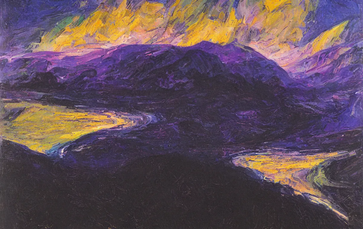 Image similar to Realist colorful impasto painting of the Salmon River mountain valley at midnight by John Harris, stars in the inky black sky reflect on the darkest blue river surface, 4k scan, very beautiful, oil on canvas, visible diagonal brushstrokes