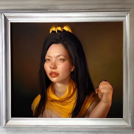 Image similar to portrait of a banana woman ( 3 5 ) from banana palm in 2 0 2 1, an oil painting by ross tran and thomas kincade