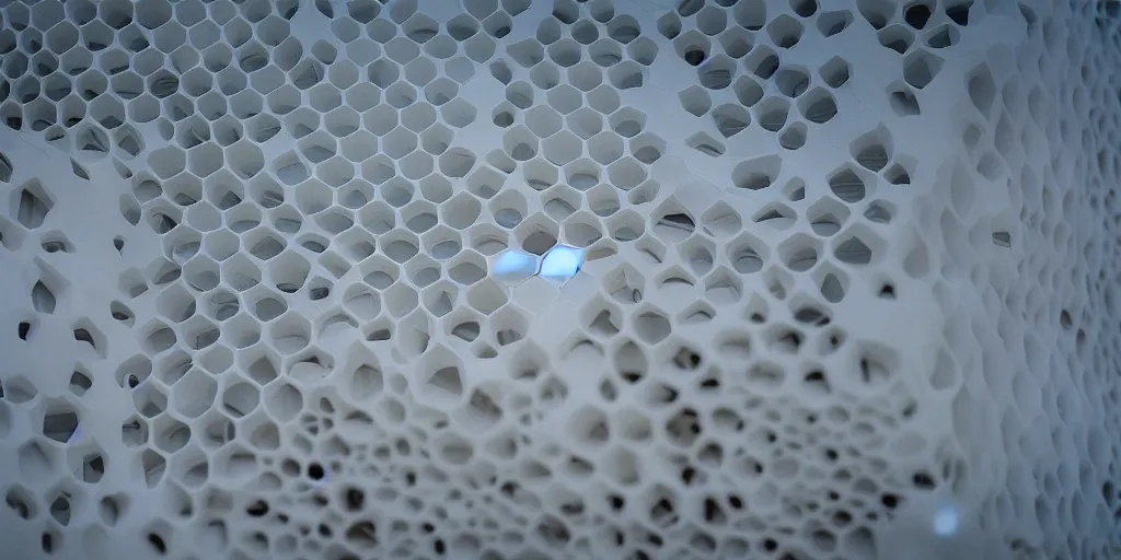 Image similar to real white honeycomb organic building, film still from the movie directed by denis villeneuve aesthetic with art direction by zdzisław beksinski, telephoto lens, shallow depth of field