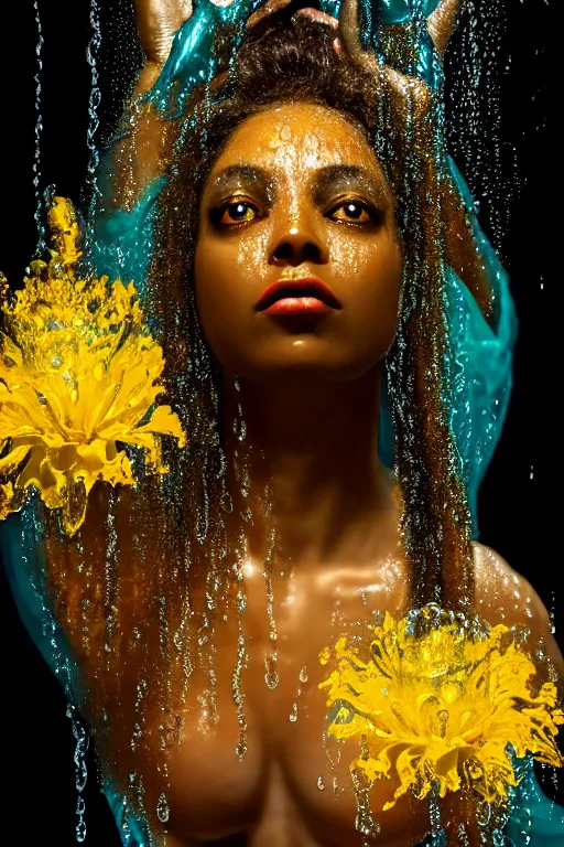 Image similar to hyperrealistic post rococo cinematic very expressive! black oshun goddess, in water up to her shoulders, translucent dripping droplet!, gold flowers, highly detailed face, digital art masterpiece, smooth eric zener cam de leon dramatic pearlescent teal back lighting, low angle uhd 8 k, sharp focus