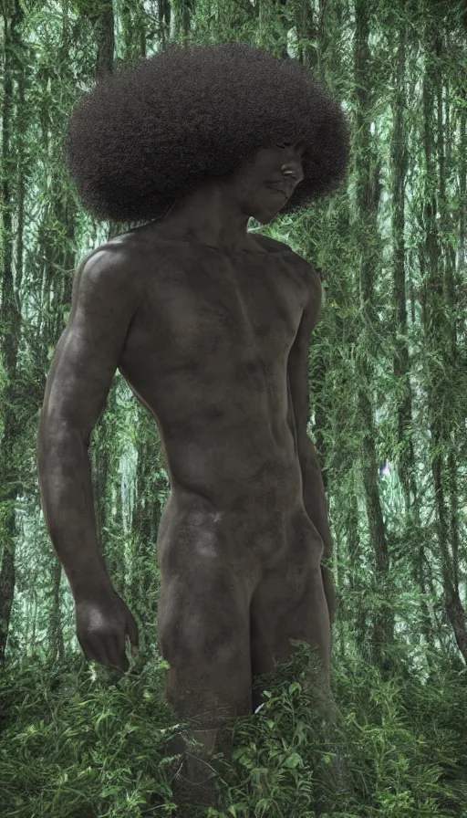 Prompt: hyper realistic 3 d render of a afro future sci - fi ancient black god on the middle of a forest