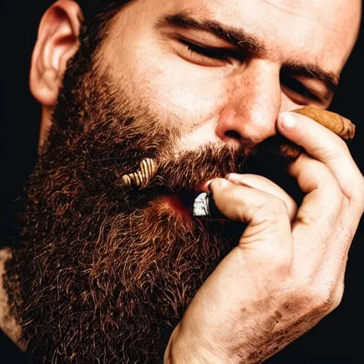 Image similar to a man with a beard smoking a cigar, highly realistic, very realistic, realistic face, photorealistic