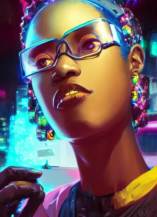 Image similar to afro - cyberpunk scientist, computers and holograms, hacking the metaverse | hyperrealistic oil painting | by makoto shinkai, ilya kuvshinov, lois van baarle, rossdraws, basquiat | afrofuturism, in the style of hearthstone, trending on artstation | dark color scheme