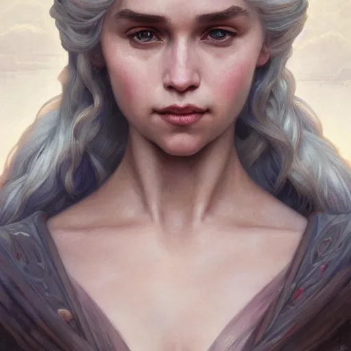 Image similar to portrait of daenerys, intricate, elegant, highly detailed, digital painting, artstation, concept art, smooth, sharp focus, illustration, art by artgerm and greg rutkowski and alphonse mucha and william - adolphe bouguereau