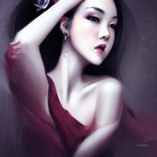 Image similar to a beautiful and elegant girl by wlop, black hair, dream, closeup headshot, high detailed, style of ghost blade, ultra - realistic painting.