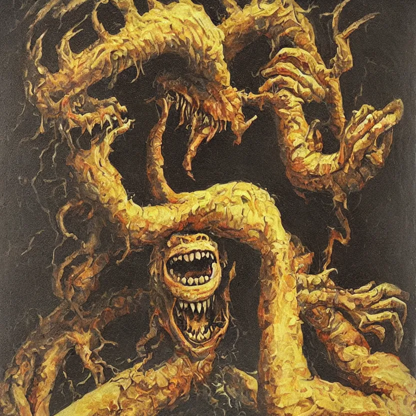 Prompt: a monster reaching through a framed painting, pulp horror