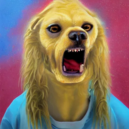 Image similar to high detail oil painting of a rabid dog, rabies, foam, bubbles made of emoji faces, trending on artstation